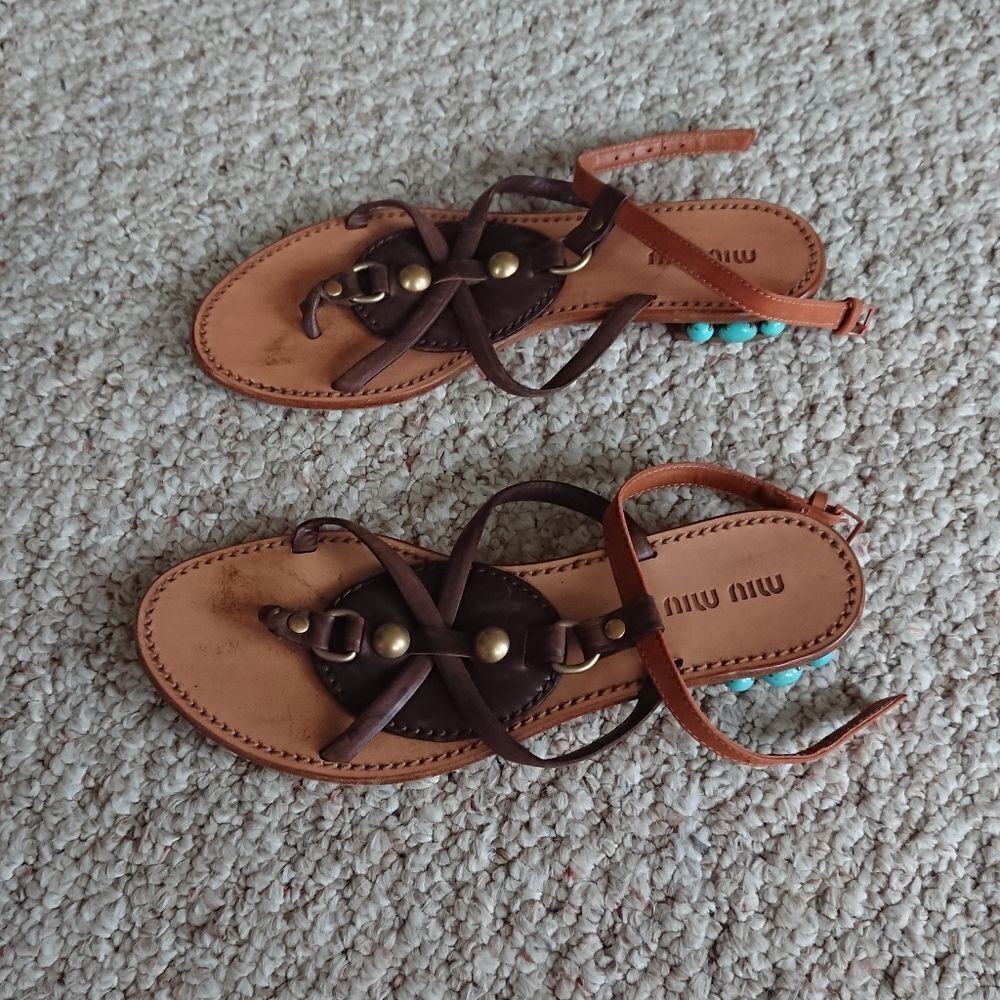 Miu Miu thong with turquoise stone embellished resin sandals size 36